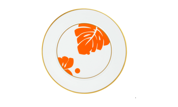 Brotteller aus Porzellan mit orangefarbenem Blätterdesign und Goldkante