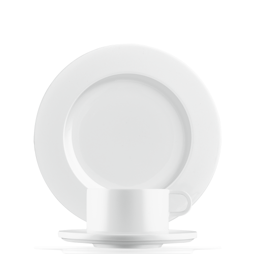 Weißes Porzellan-Geschirrset bestehend aus Teller, Untertasse, Tasse. Fürstenberg Porzellan. Weißes Porzellan-Geschirrset bestehend aus Teller, Untertasse, Tasse. Fürstenberg Porzellan.