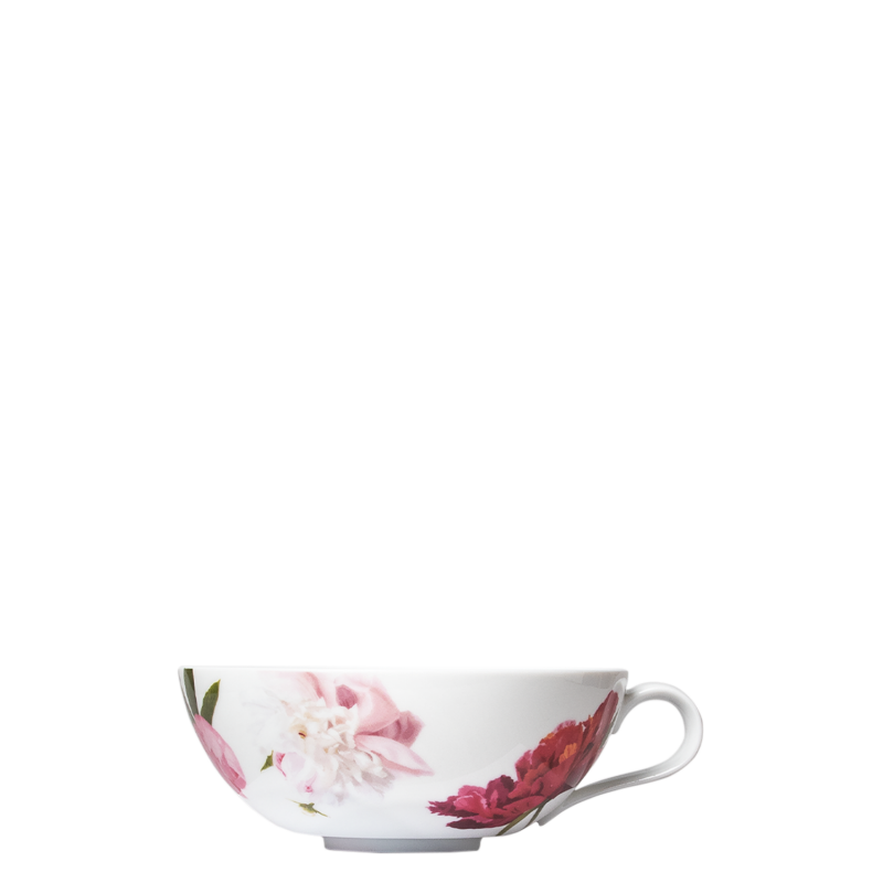 img1_ob2007155712_teeobertasse Porzellantasse mit rosa Blumenmuster, steht aufrecht. Fürstenberg Porzellan.