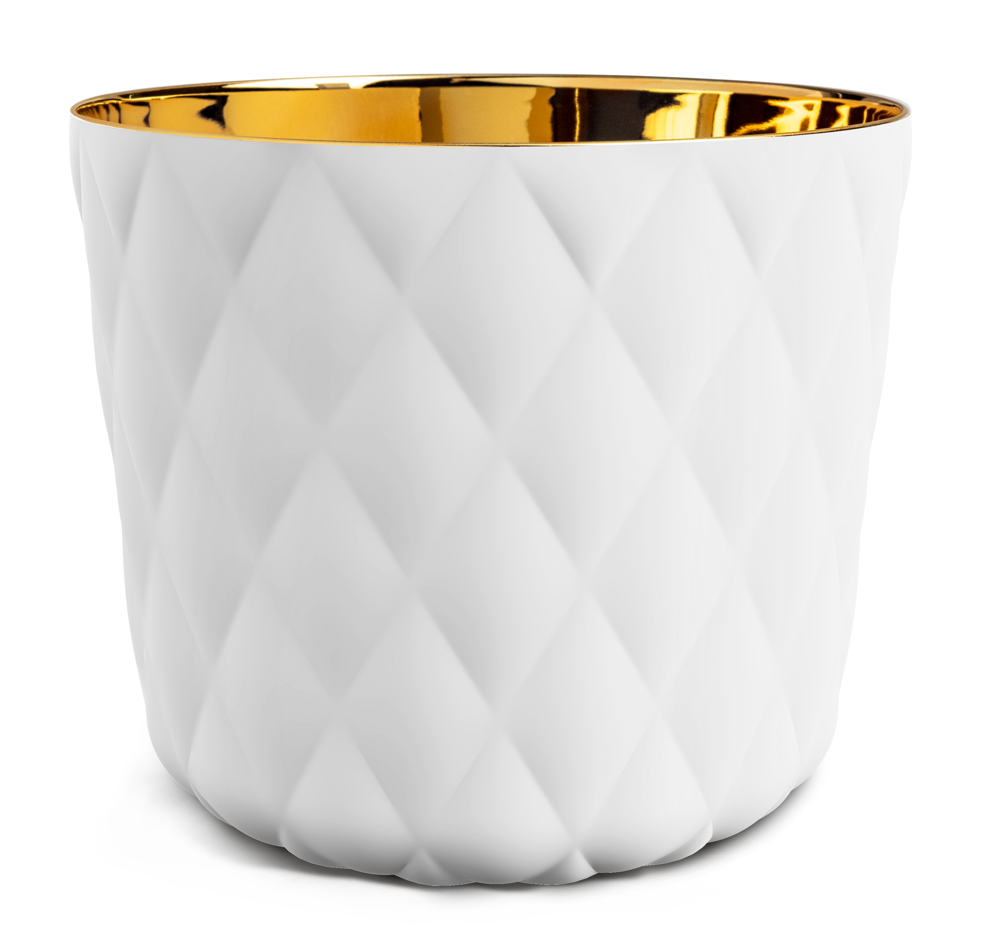 Weiße Porzellanvase mit goldener Innenverkleidung, gefaltetem Oberflächenmuster. Fürstenberg Porzellan. Weiße Porzellanvase mit goldener Innenverkleidung, gefaltetem Oberflächenmuster. Fürstenberg Porzellan.