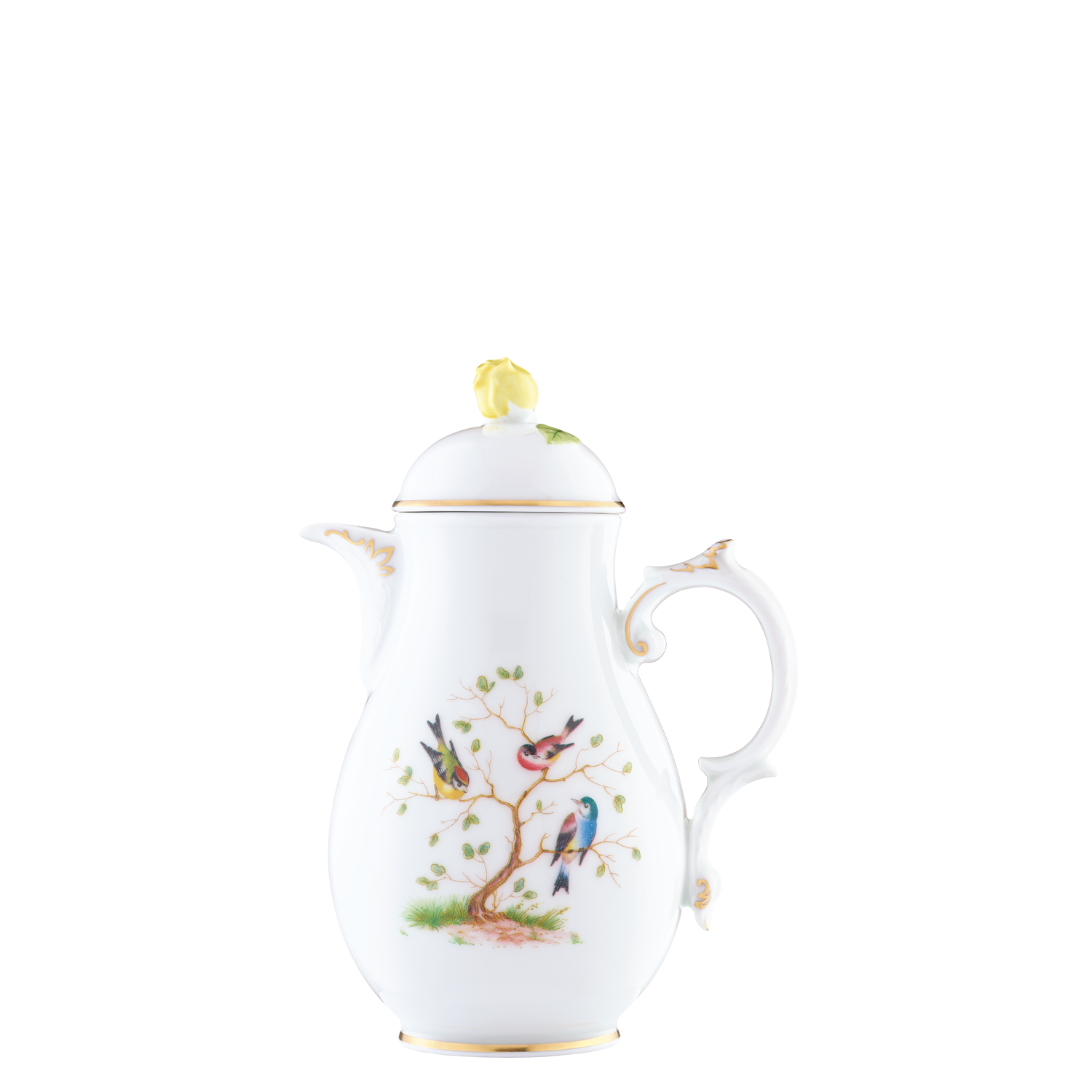 Espressokanne  Porzellan-Kanne mit Vogel- und Baum-Motiv, goldenen Akzenten, dekorativer Deckelknopf. Fürstenberg Porzellan.