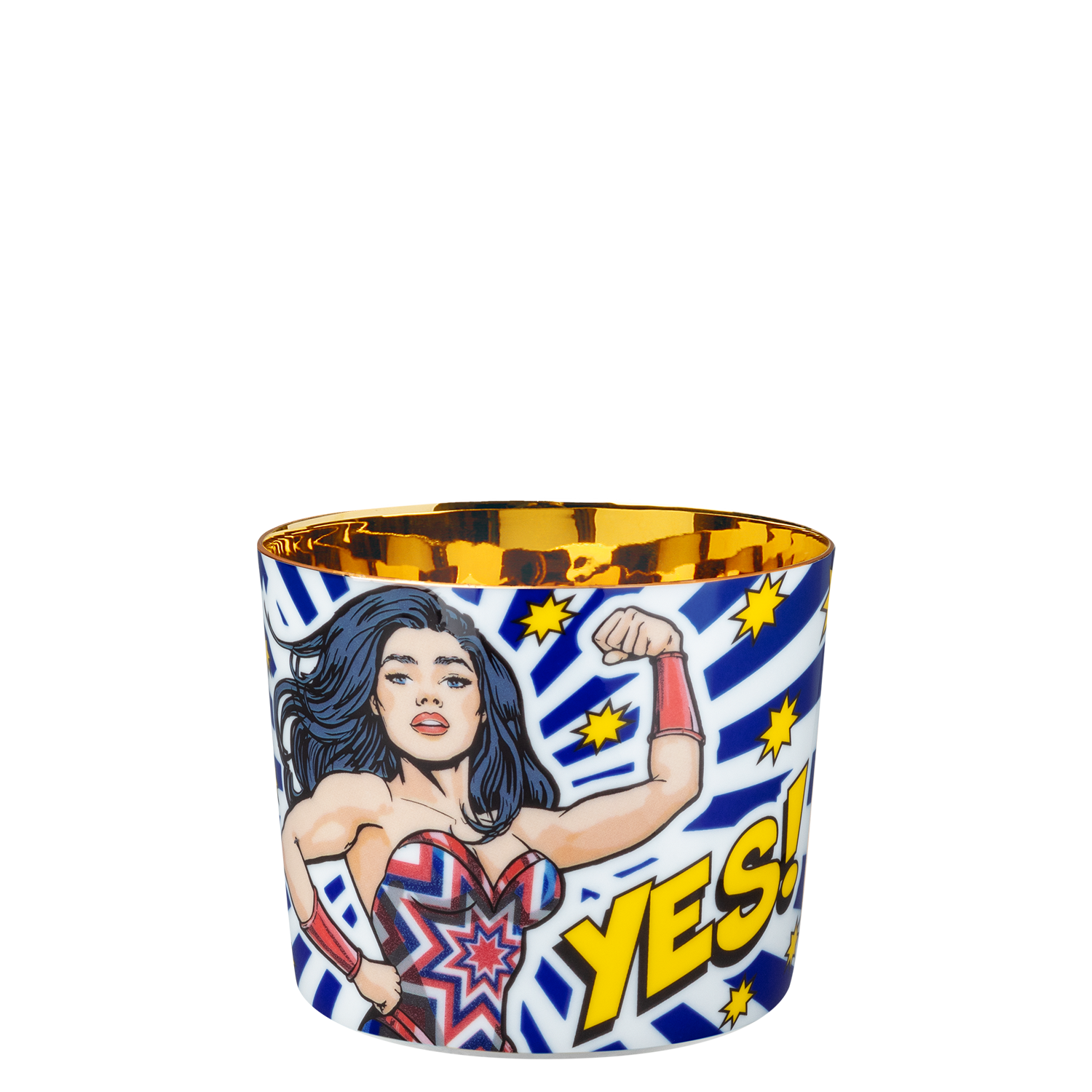 Champagnerbecher SHINING STAR  Tasse mit Comic-Figur zeigt „YES!“ in gelber Schrift, goldene Innenseite. Fürstenberg Porzellan.