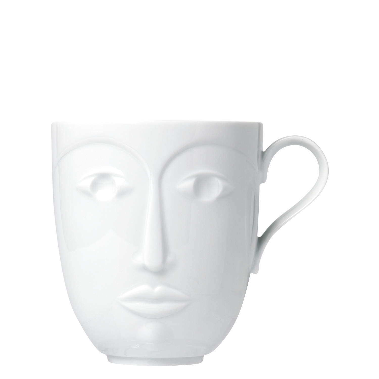 Weiße Tasse mit eingeprägtem Gesichtsmotiv, Henkel rechts, schlichtes Design. Fürstenberg Porzellan. Weiße Tasse mit eingeprägtem Gesichtsmotiv, Henkel rechts, schlichtes Design. Fürstenberg Porzellan.