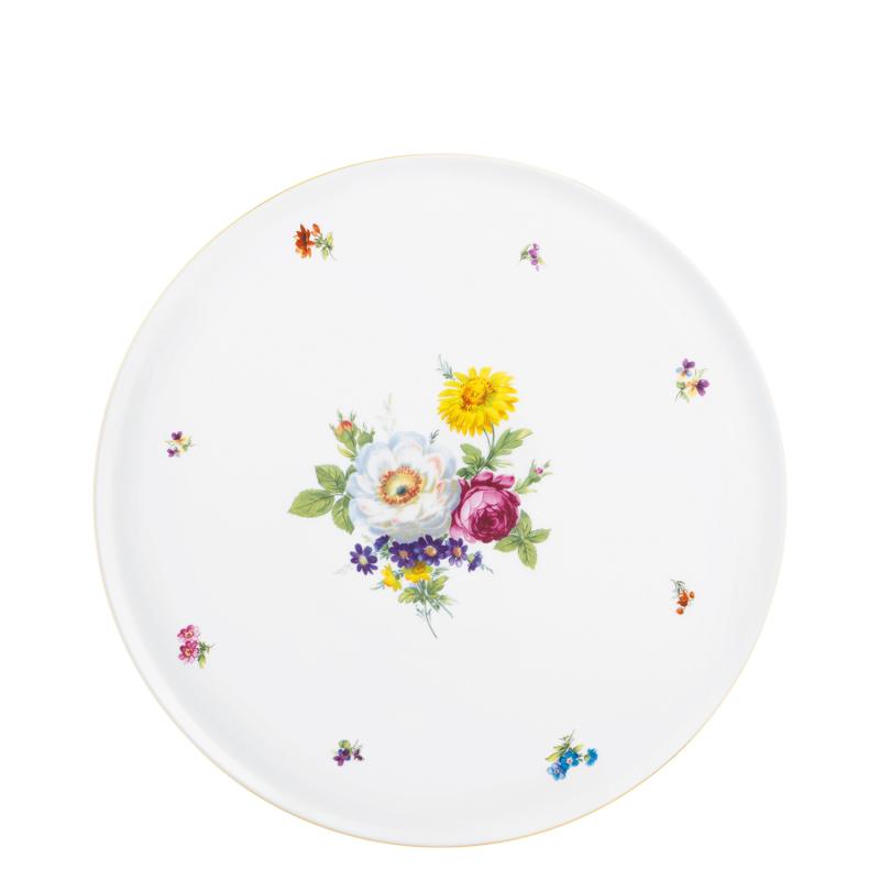 img1_to_641__2199_tortenplatte Weißer Porzellanteller mit buntem Blumenmotiv in der Mitte. Fürstenberg Porzellan.