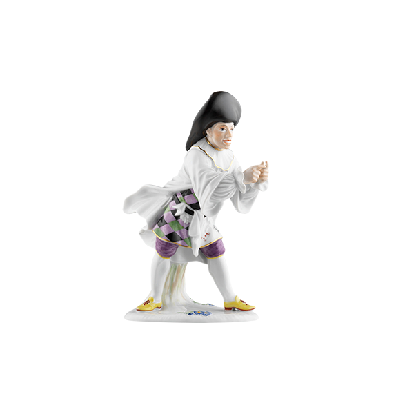 Porzellanfigur mit Harlekin, posierend, bunt gekleidet. Fürstenberg Porzellan.