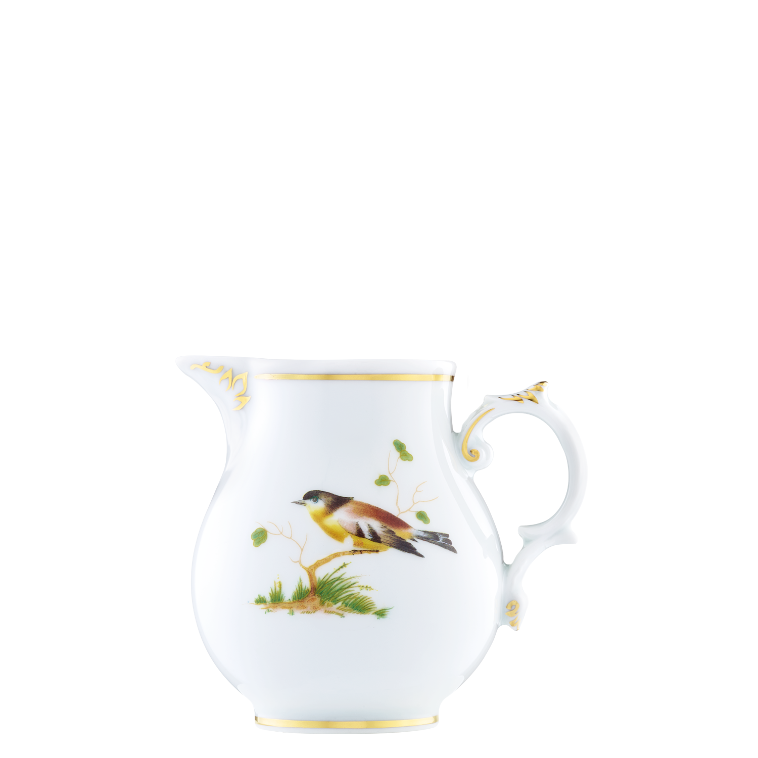 Weiße Porzellanvase mit Vogelmotiv und goldenen Details auf der Oberfläche. Fürstenberg Porzellan.