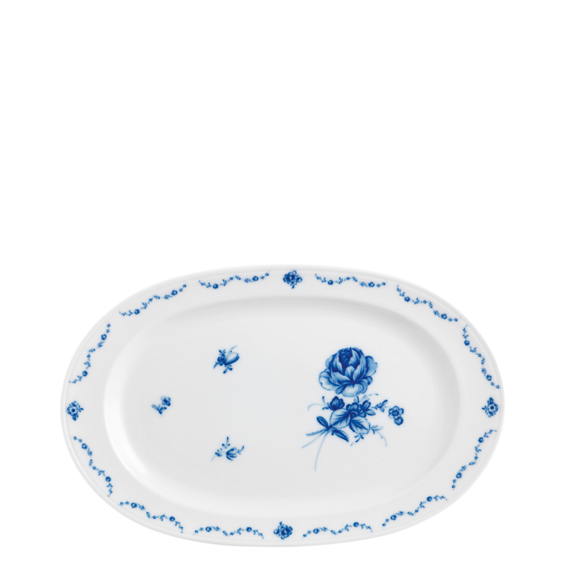 img1_ov_6412_2497_platte_oval Ovaler Porzellanteller, blaues Blumenmuster, feiner Randdekor, Weiß, klassisch gestaltet. Fürstenberg Porzellan.