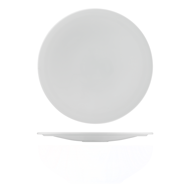 img1_cl201620weiss_cloche Weißer, runder Porzellanteller, aufrecht stehend, vor weißem Hintergrund präsentiert. Fürstenberg Porzellan.