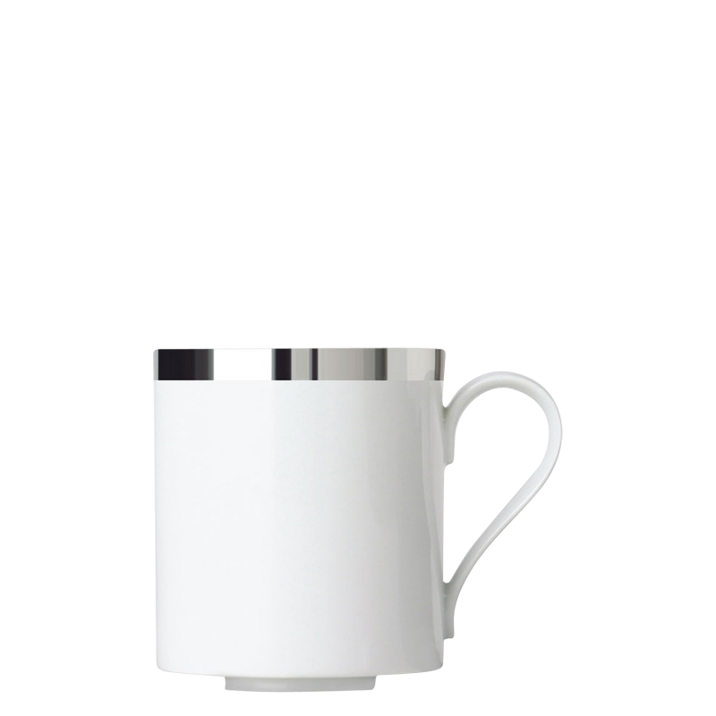 img1_ob2006195701_kaffeebecher Weiße Tasse mit silbernem Rand, stehend; minimalistisches Design. Fürstenberg Porzellan.