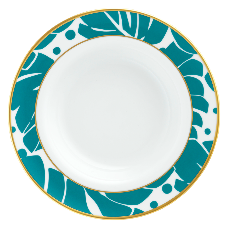 img1_tf20142370023_suppenteller Porzellanteller mit türkis-weißen Blattmuster und goldener Randverzierung. Fürstenberg Porzellan.