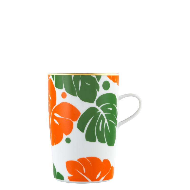 img1_ob20141970025_becher Weiße Tasse mit orange-grünem Tropenblatt-Design, aufrecht stehend. Fürstenberg Porzellan.
