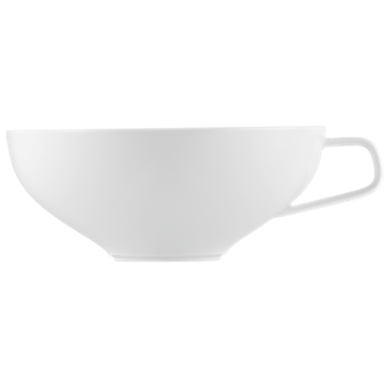 Weiße Porzellantasse mit goldener, kreisförmiger Verzierung innen, Seiten- und Draufsicht. Fürstenberg Porzellan.