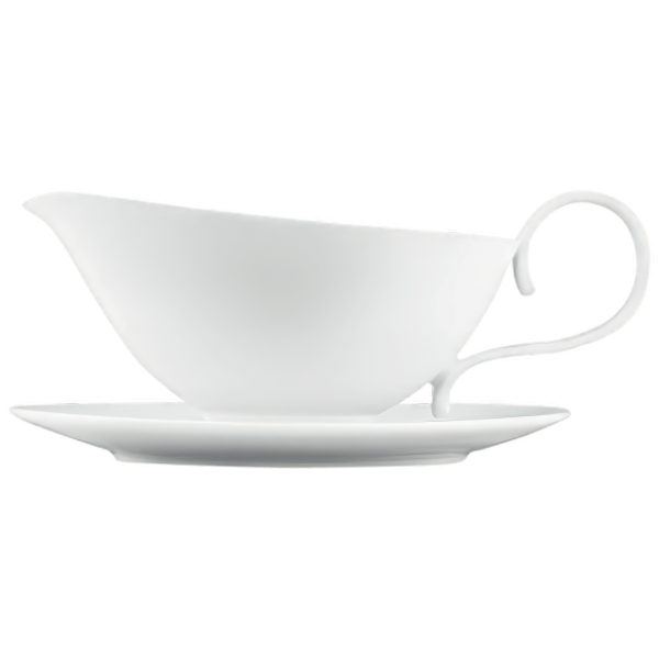 Weiße Porzellan-Saucengießer mit passendem Unterteller, geschwungene Form. Fürstenberg Porzellan.