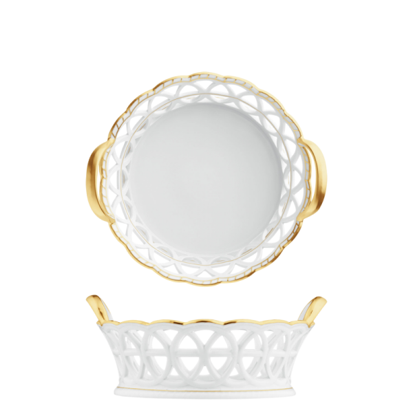 Weiße Porzellanschale mit goldenen Henkeln und durchbrochenem Randmuster. Fürstenberg Porzellan.