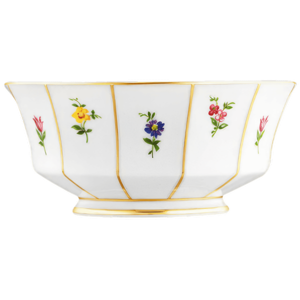 Weiße Porzellanschale mit goldenen Linien und bunten Blumenmotiven, stehend. Fürstenberg Porzellan.