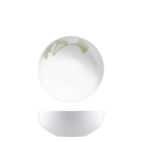 Weiße Porzellanschale mit grünem Gingko-Blatt-Dekor oben links. Fürstenberg Porzellan.