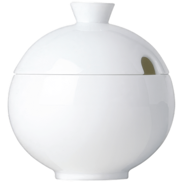 Weiße, kugelförmige Porzellandose mit Deckel und kleinem Griff. Fürstenberg Porzellan.