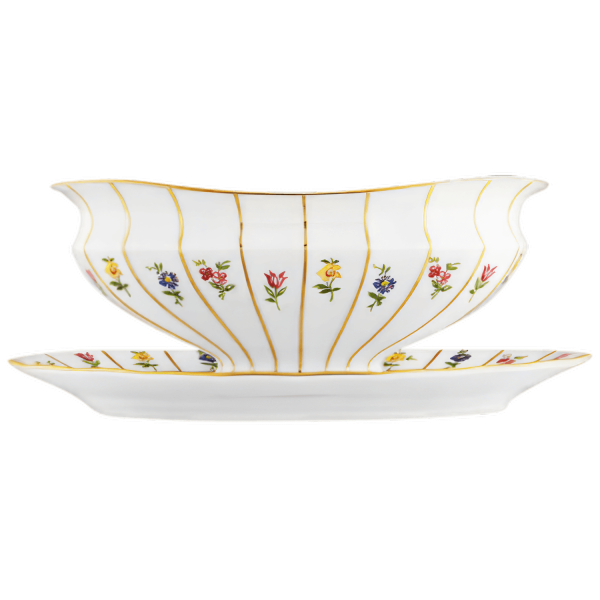 Weiße Porzellanschale mit goldenen Linien und bunten Blumendesign auf Unterteller. Fürstenberg Porzellan.