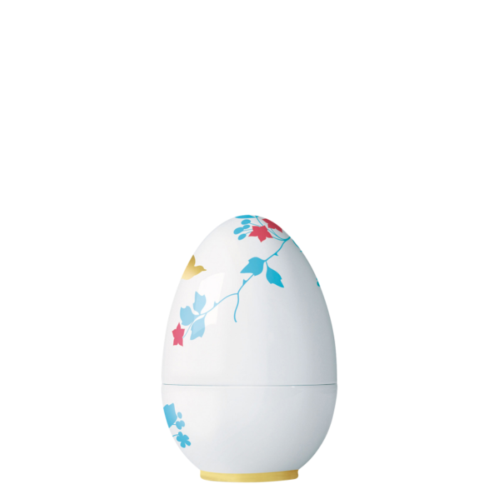 Porzellanei mit buntem Blumendekor, steht aufrecht, gelber Fuß. Fürstenberg Porzellan.