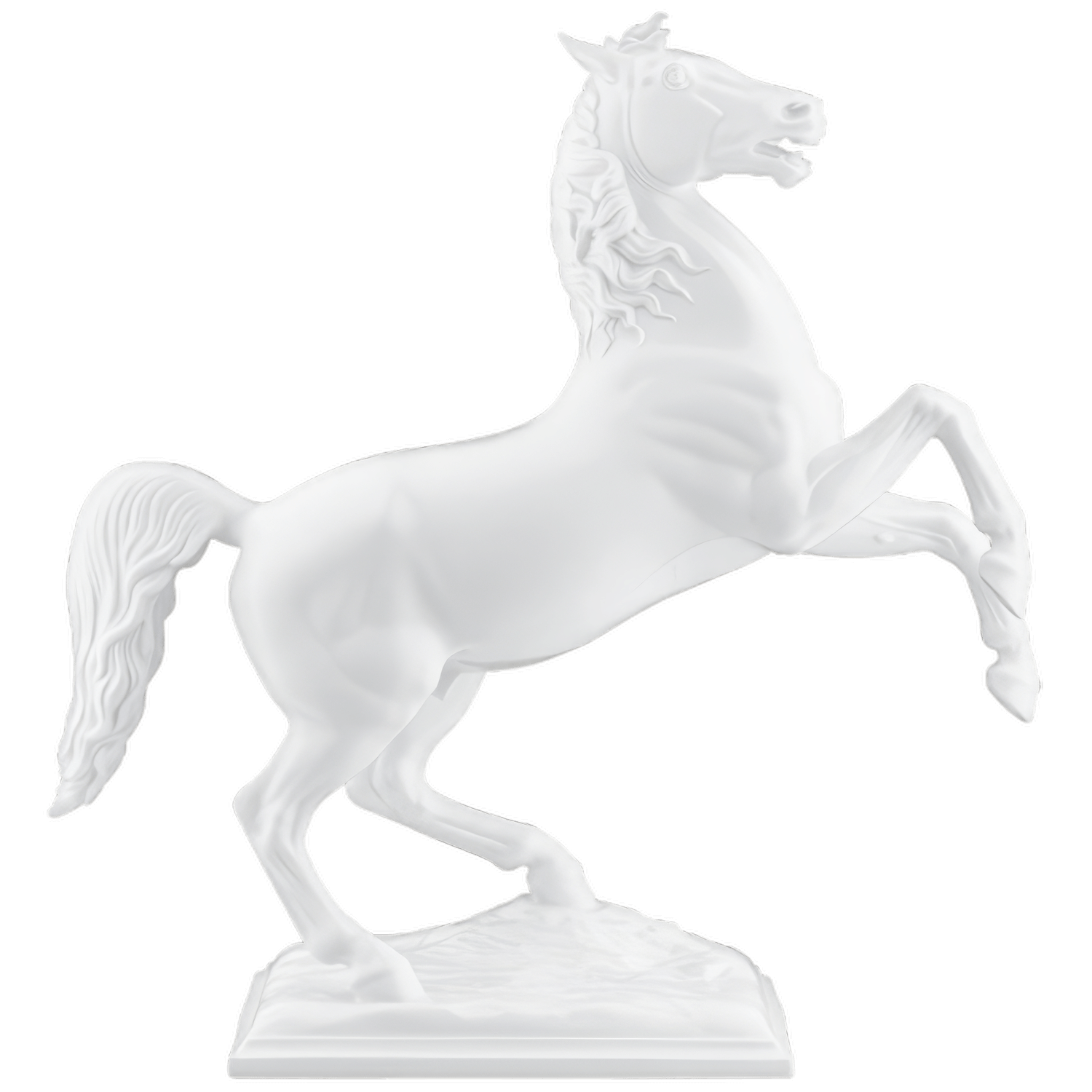 Ein weißes Porzellanpferd steigert sich auf einem dekorativen Sockel.