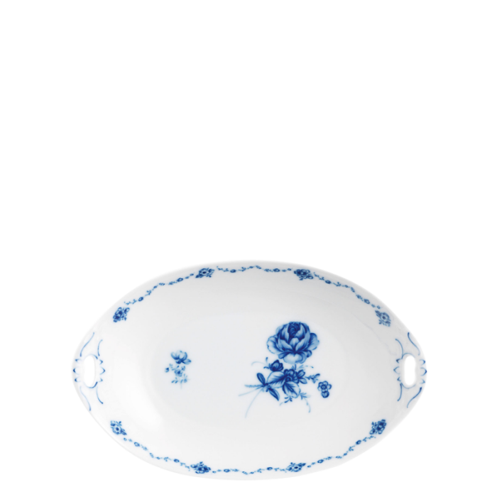Weiße ovale Porzellanschale mit blauer Blumenmalerei und Lochgriffen. Fürstenberg Porzellan.