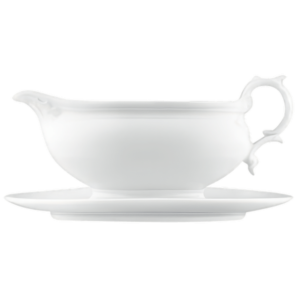 Weiße Sauciere steht auf passender Untertasse, klassisches Design, elegant geschwungen. Fürstenberg Porzellan.