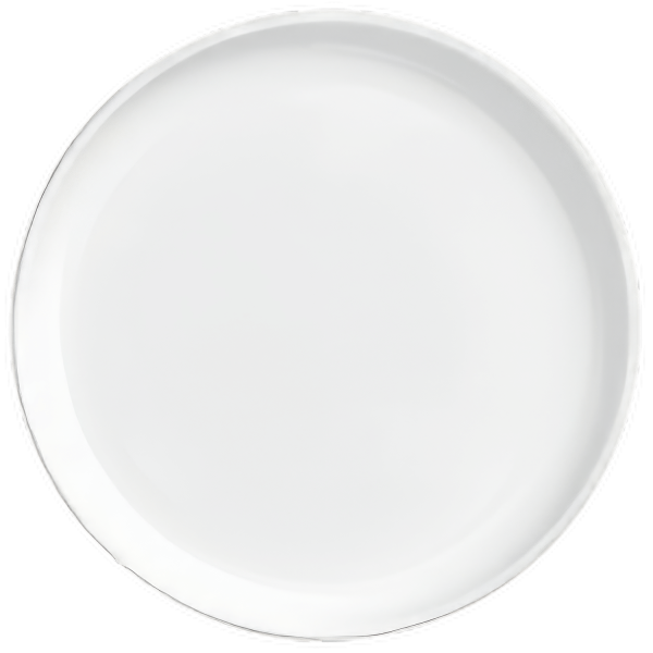 Ein weißer Teller steht aufrecht vor einem neutralen Hintergrund. Fürstenberg Porzellan.