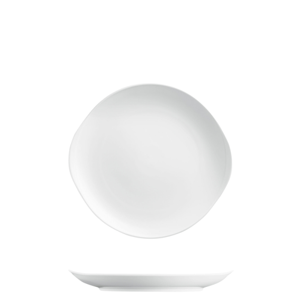 Zwei schlichte, weiße Porzellanteller, übereinander schwebend dargestellt. Fürstenberg Porzellan.