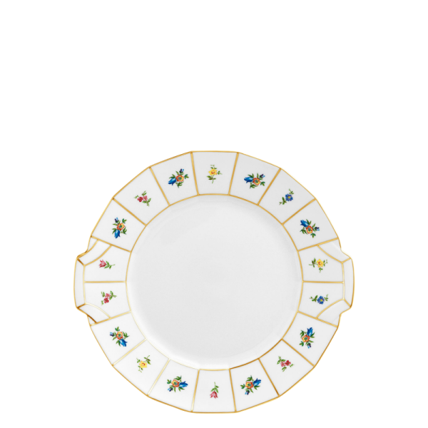 Weißer Teller mit goldenen Linien und bunten Blumenmotiven auf dem Rand. Fürstenberg Porzellan.