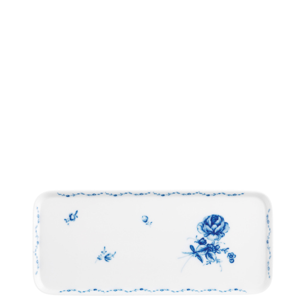 Rechteckige weiße Porzellanplatte mit blauen Blumenmustern, dekorativ gestaltet. Fürstenberg Porzellan.